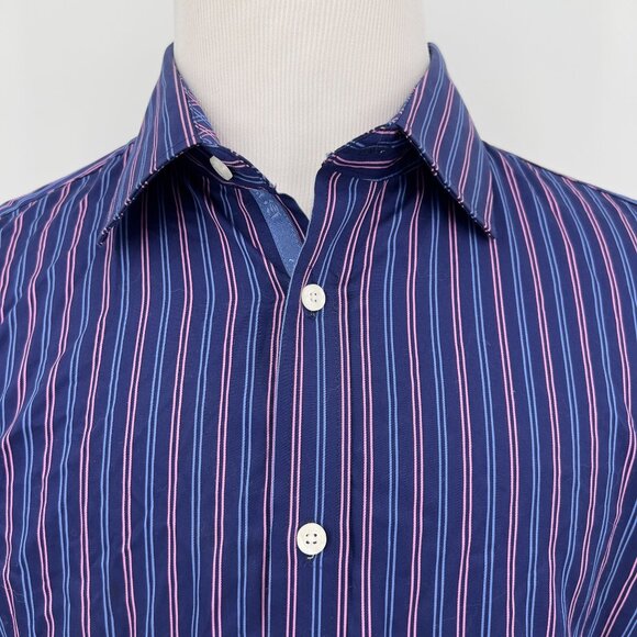 English Laundry Mens Striped 100% Cotton Dress Shirt 16.5 32/33 Blue/Pink - Picture 1 of 11
